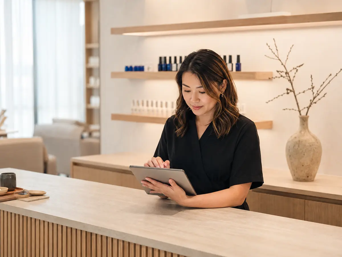 Salon owner managing appointments and inventory in a Japandi reception