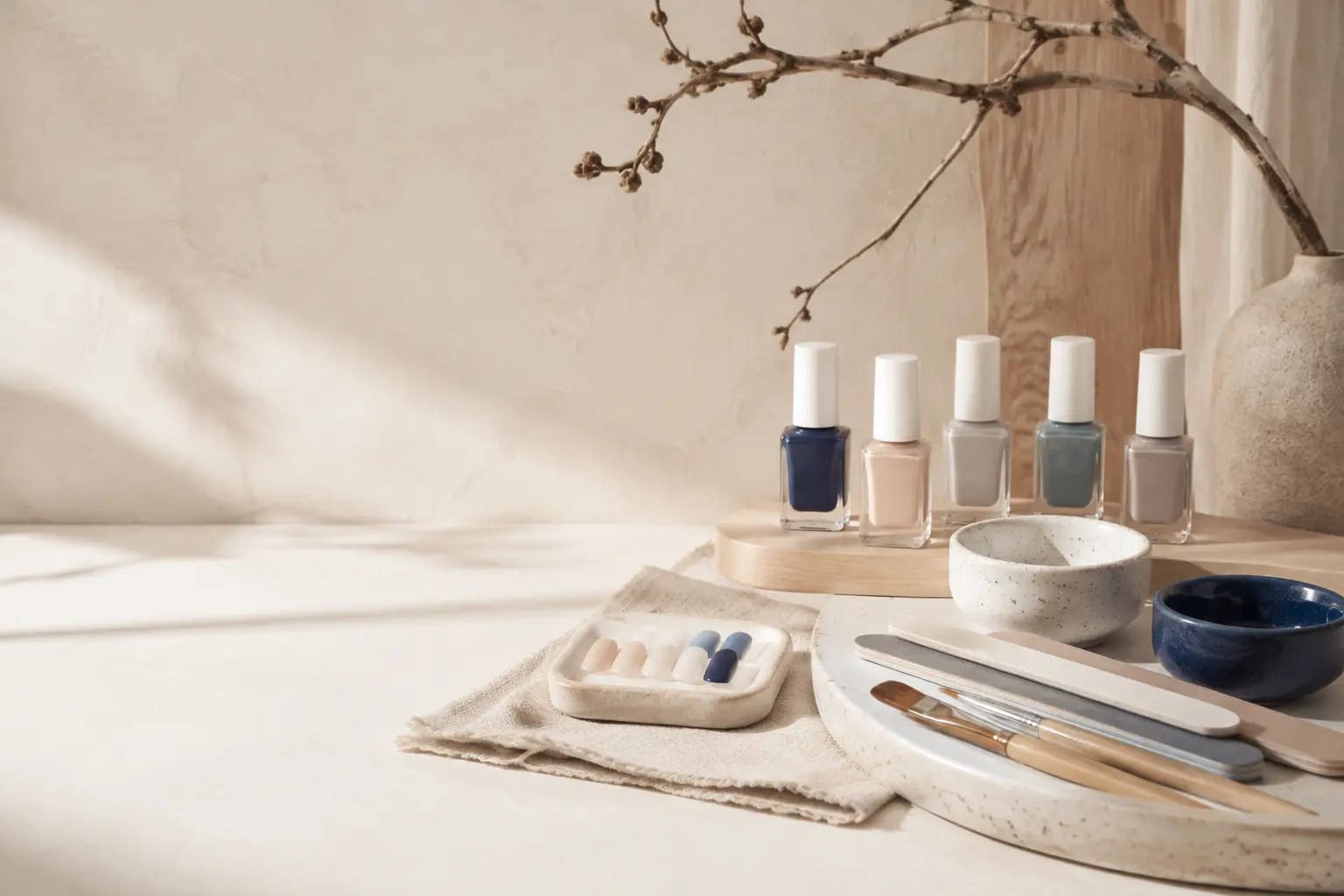 Japandi nail spa products arranged with pale oak, linen and ceramics