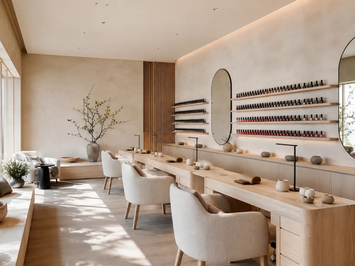 Serene Japandi nail spa interior with pale oak and linen