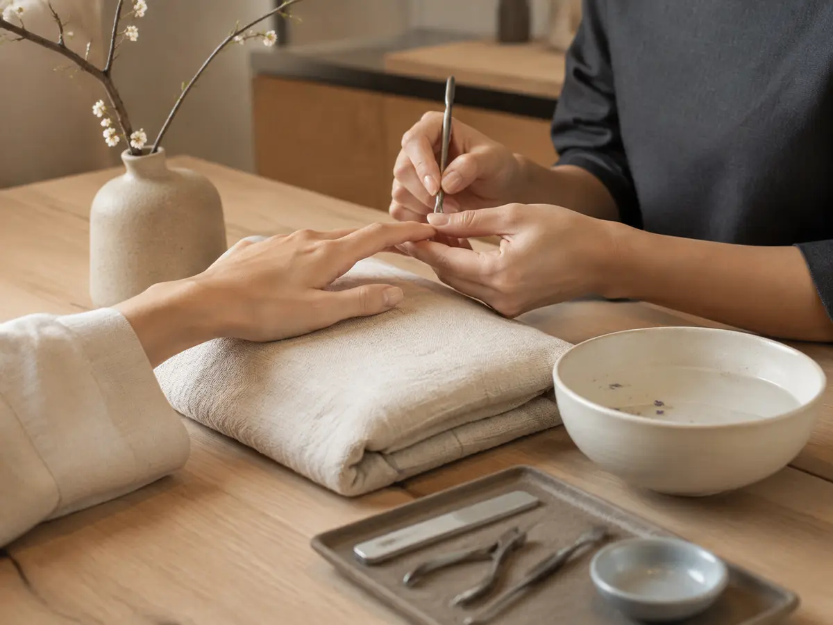 Calm natural manicure service in a serene Japandi nail spa