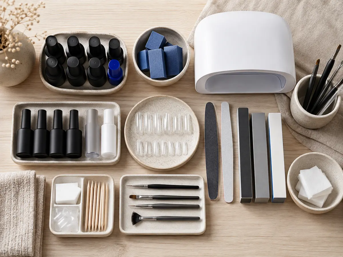 Organized Japandi nail supply kit on pale oak and linen
