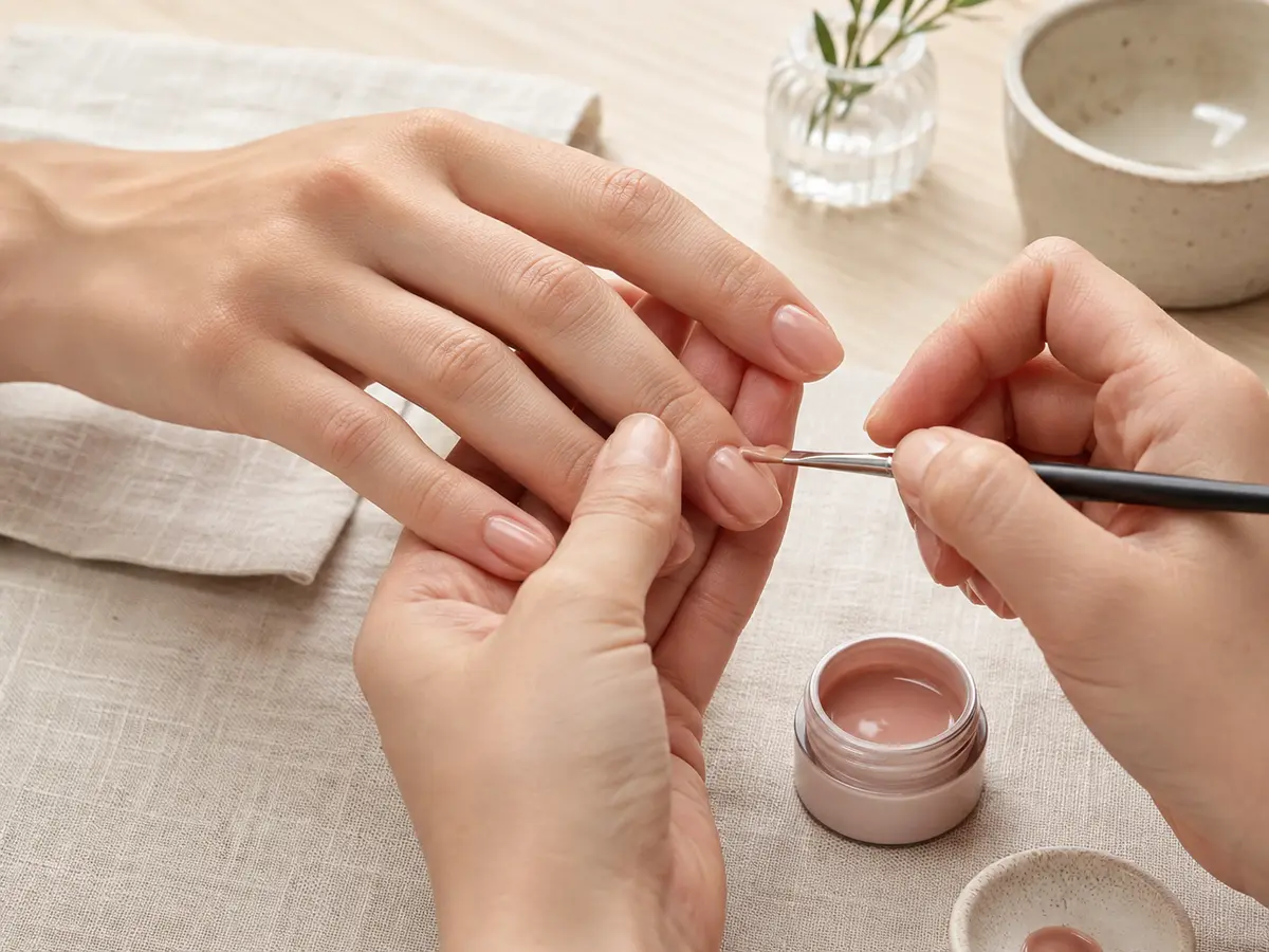 Nail educator demonstrating precise nude gel application