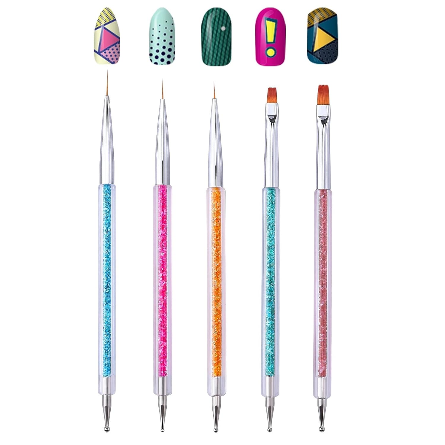 Nail Art Brushes – Double-Ended Brush and Dotting Tool Kit – Elegant Nail Pen Set with Shiny Handles – Easy To Use Professional Liner Tools 5 Pcs