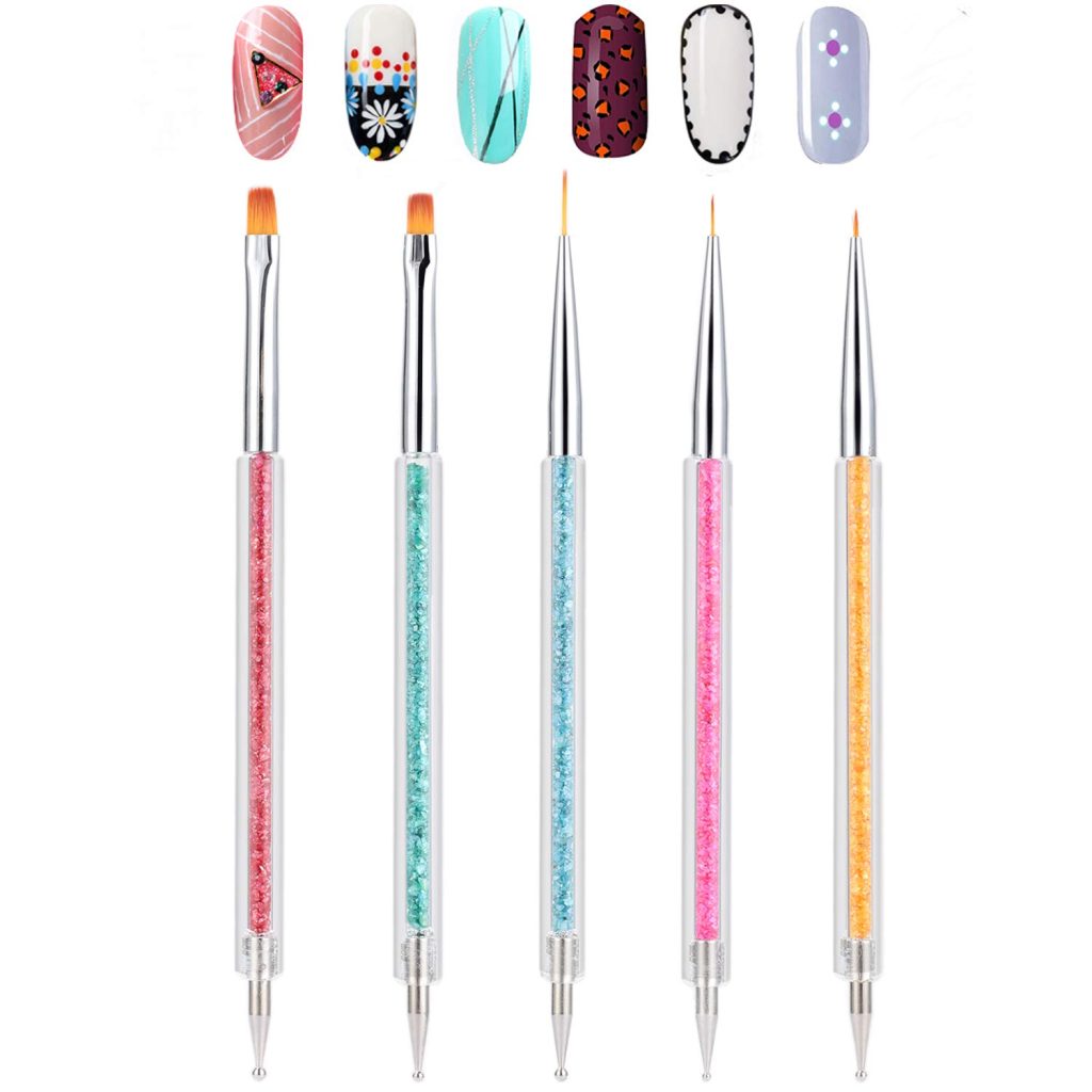 TEOYALL Double-Ended Nail Art Brushes, 5 PCS Nail Design Tools Kit Including Nail Liner Brush and Nail Dotting Pens for UV Gel Nail Home Salon