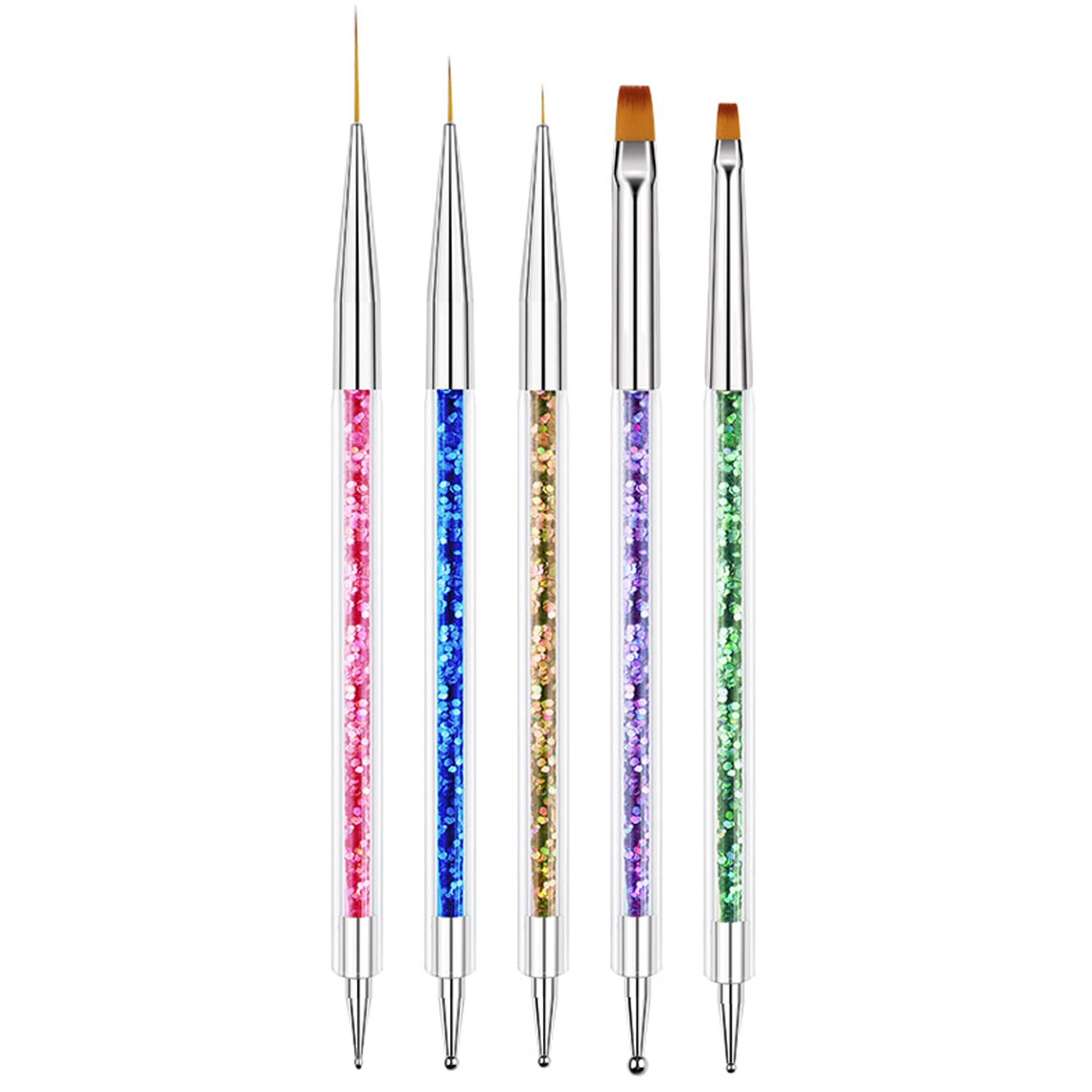 Nail Art Brushes, 5pcs Double-Ended Acrylic Nail Brush Including 7/9/11mm Nail Liner Brush Flat Brushes and Nail Dotting Tools for Nail Art Design
