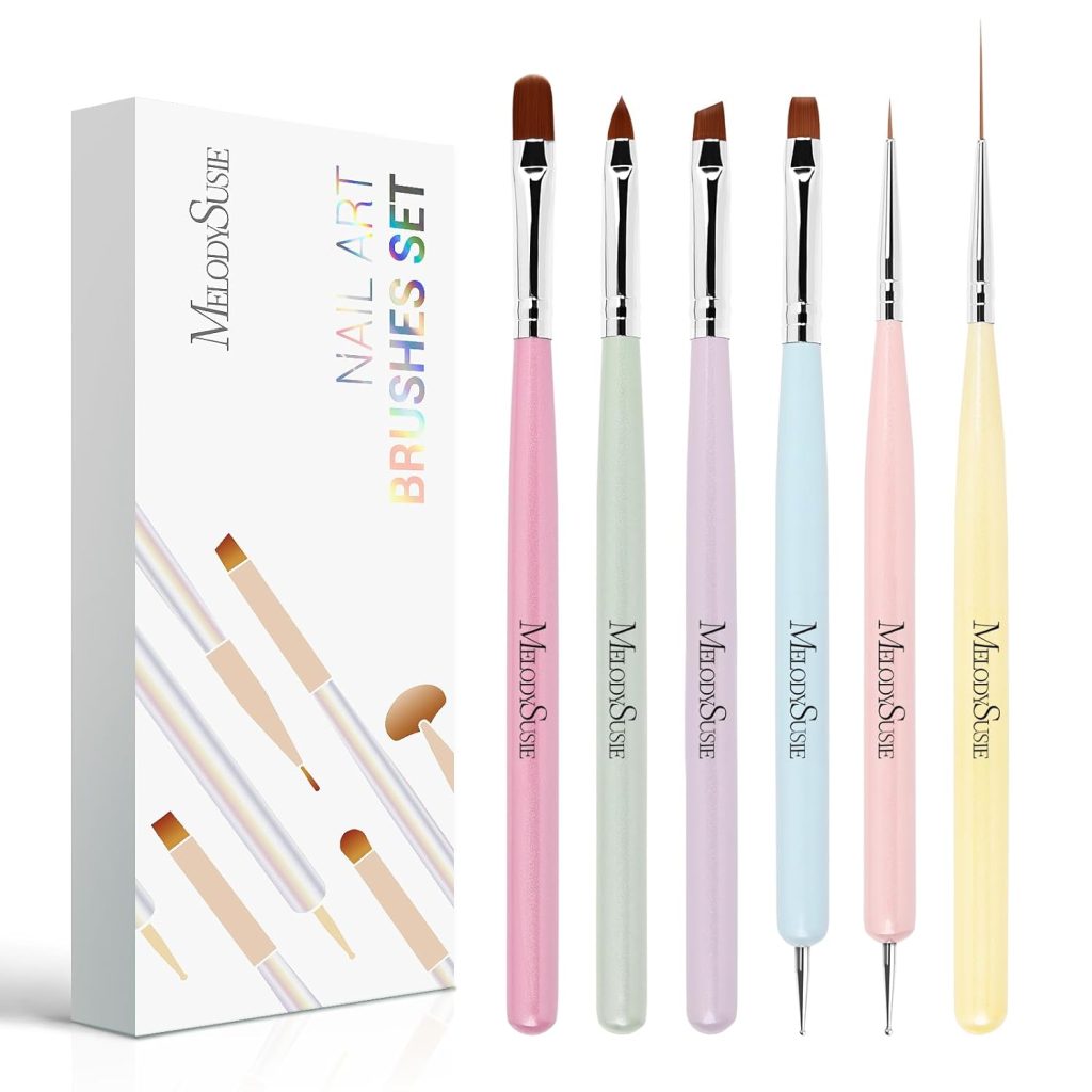 MelodySusie Nail Art Brushes Set,6pcs Nail Art Design Pen Painting Tools with Extension Gel Brush, Polish Brush, Builder Brush,Liner Brush, Carved Brush, and Dotting Pen for Home DIY Salon Use