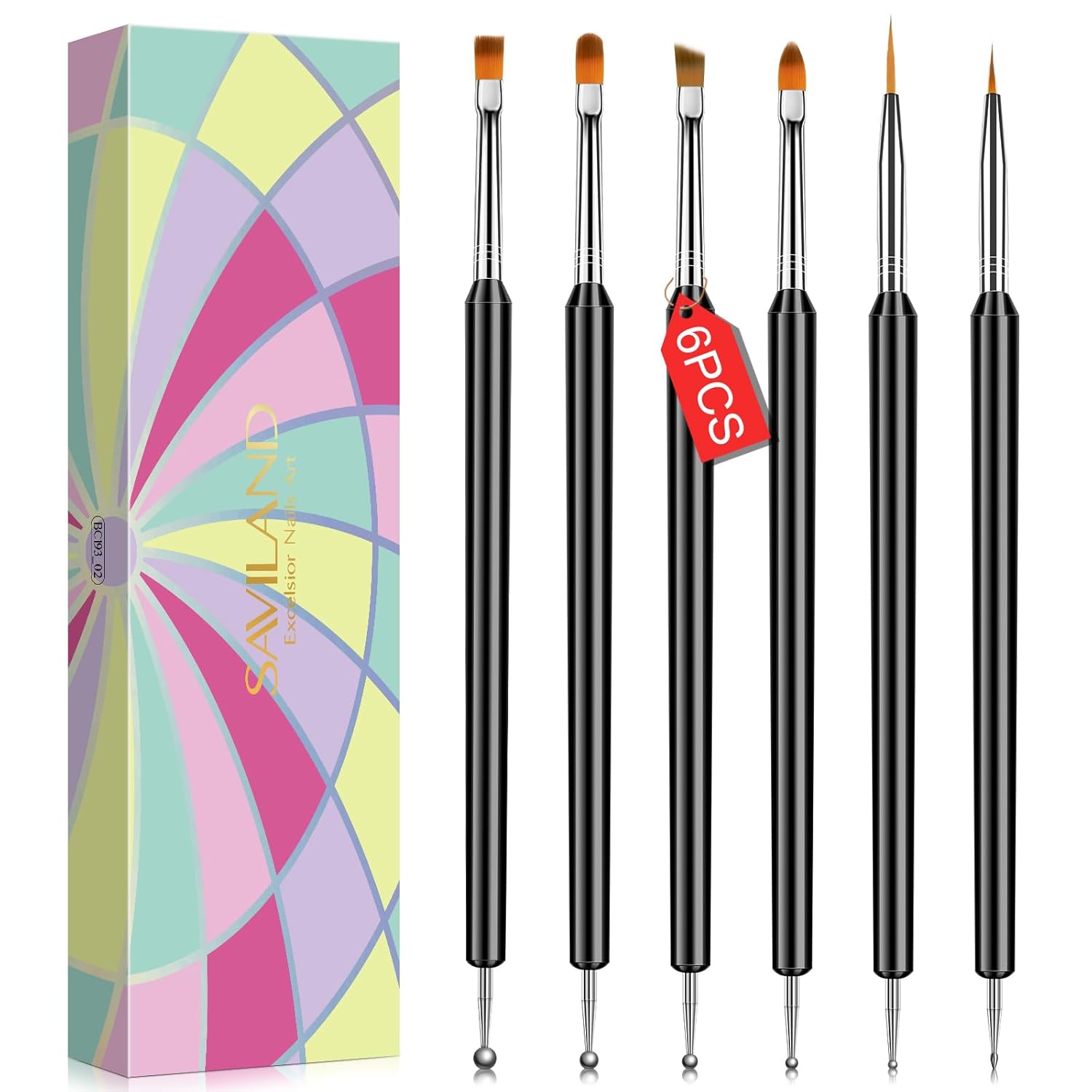 SAVILAND Nail Art Brushes Set – 6pcs Double-End Nail Art Tools Professional Nail Art Kit Dotting Tools Line Pen Painting Brushes for Gel Polish Nail Design French Manicure