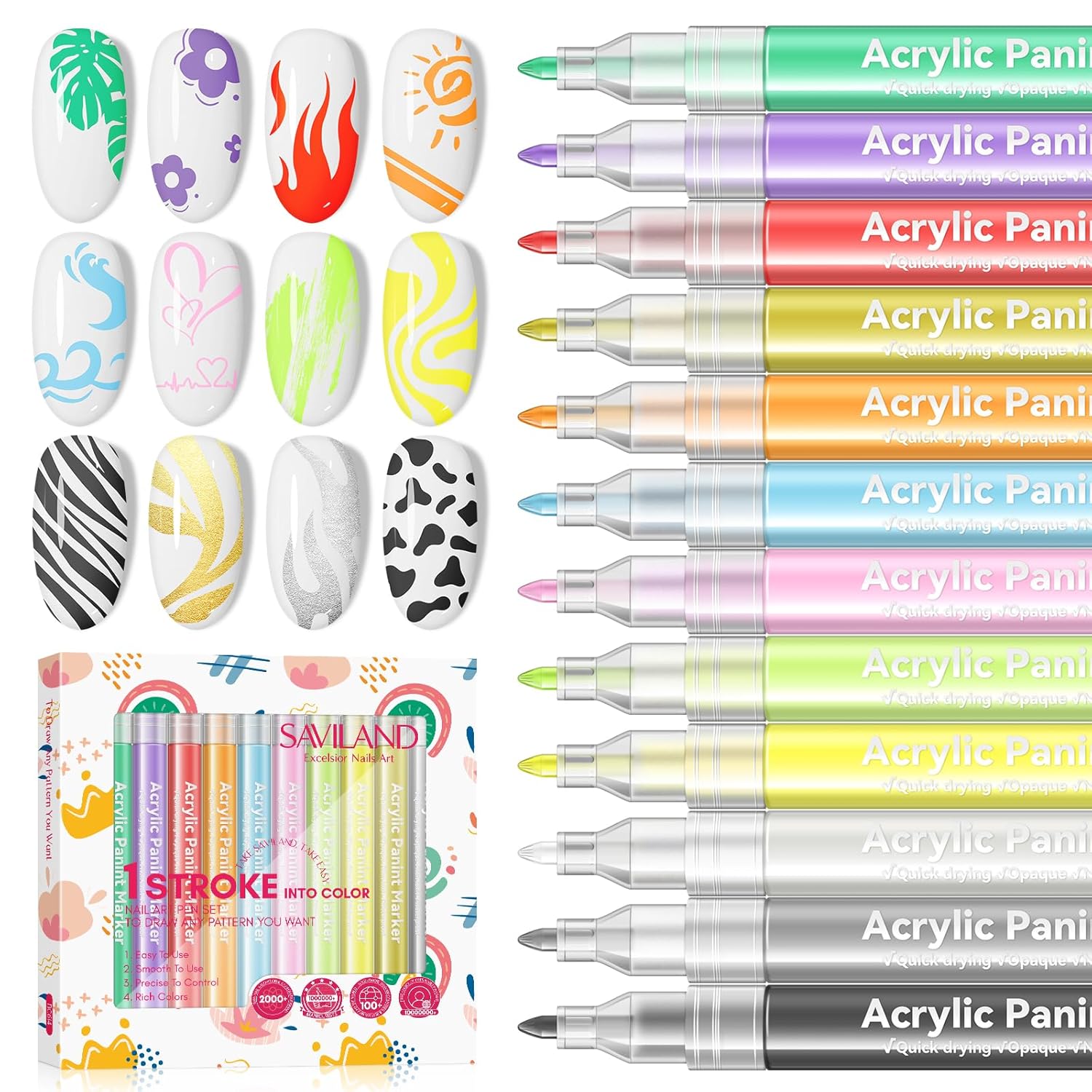 Saviland 12 Colors Nail Art Pens Set – 3D Nail Polish Pens Graffiti Nail Dotting Tools Acrylic Paint Pens Drawing Painting Point Liner Pen for Nails Art Design Manicure Nail Pens for Home & Salon DIY