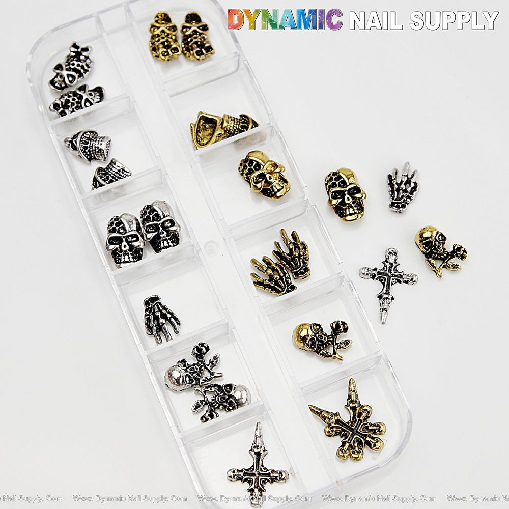 gold and silver skull cross nail charms - 2